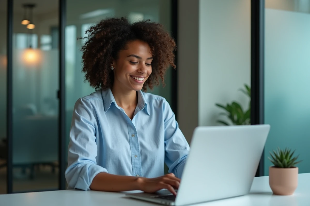 Salariée soumettant une idée en ligne sur son ordinateur portable dans un espace de travail collaboratif