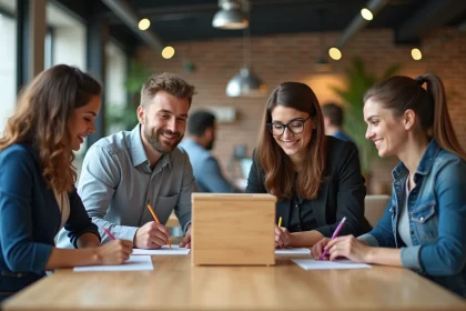 Groupe de salariés écrivant des idées sur des fiches autour d'une boîte à idées en bois dans un bureau moderne