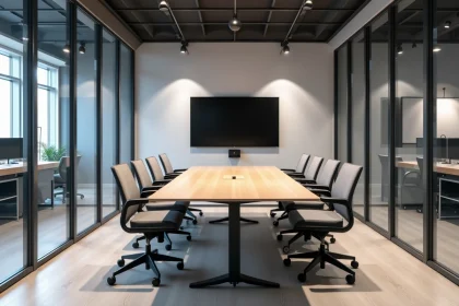 Salle de réunion modulaire avec cloisons en verre et cadres aluminium dans un open-space moderne à Lille