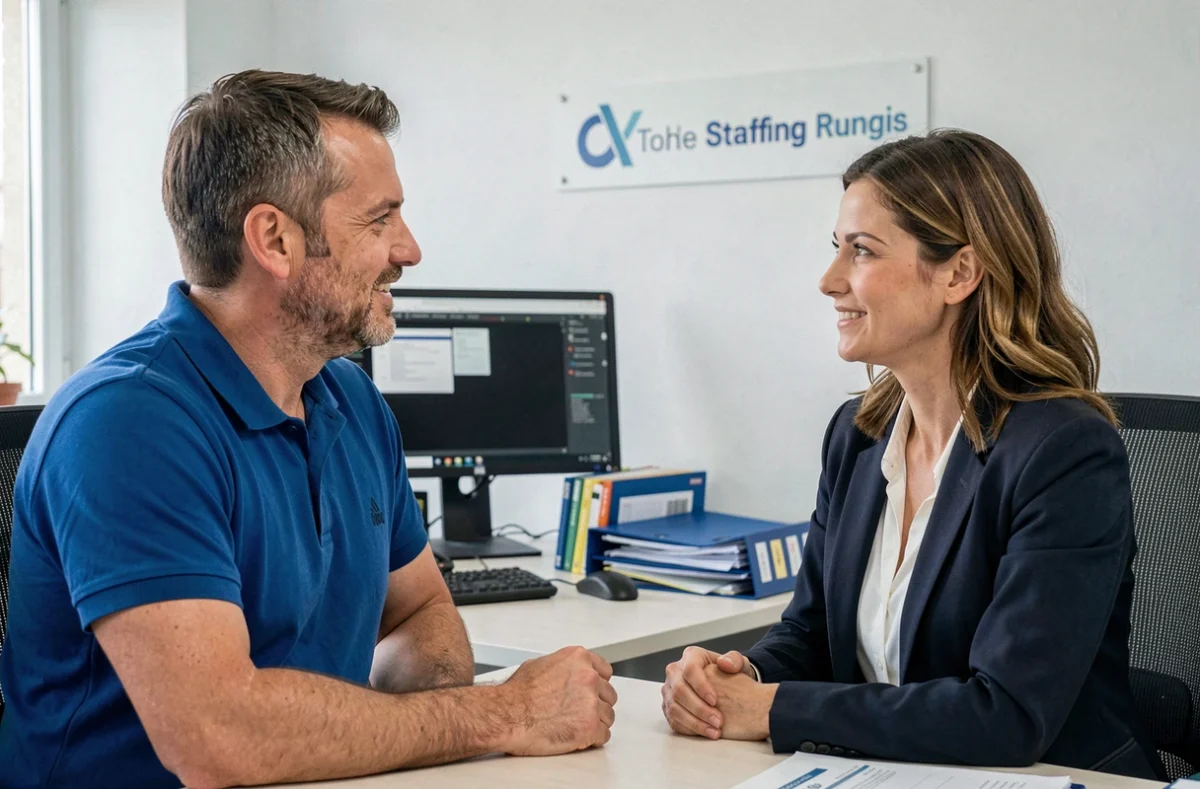 Entretien de placement logistique à l'agence Samsic Emploi de Rungis entre un candidat et une recruteuse
