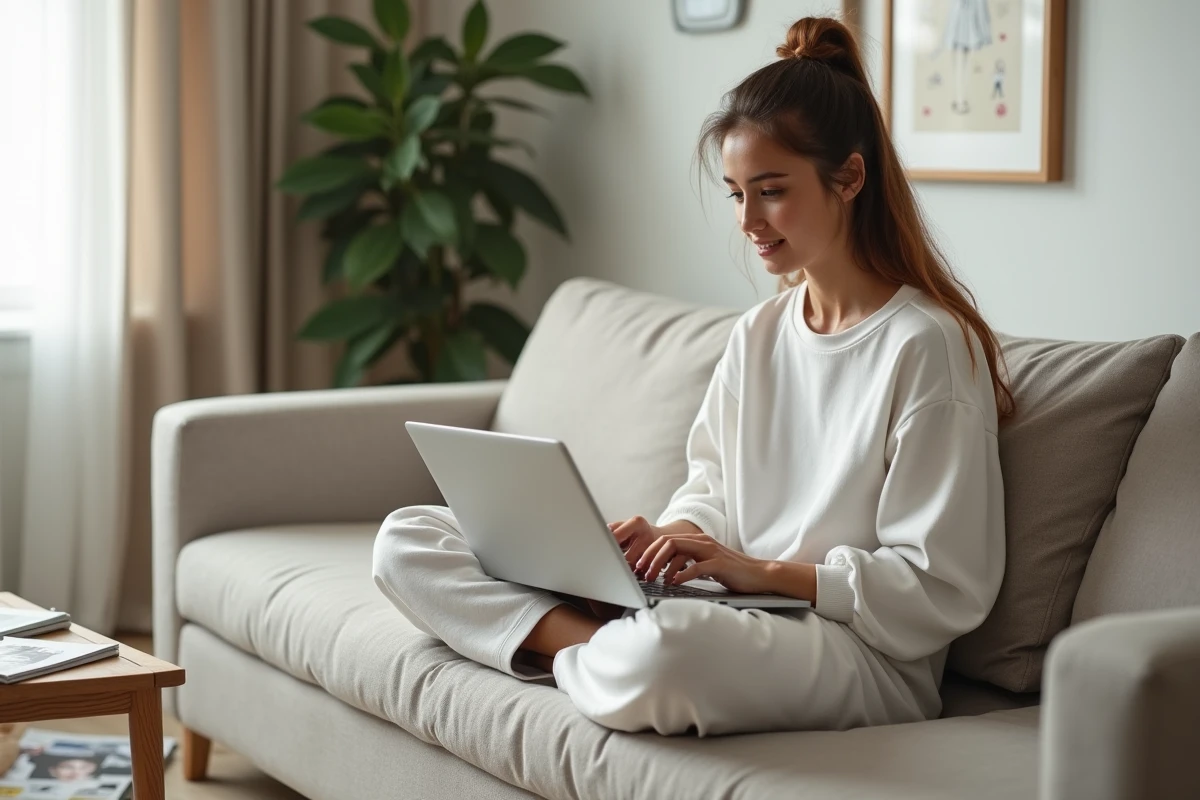 Jeune femme faisant du shopping en ligne sur son canapé pour trouver des alternatives à H&M