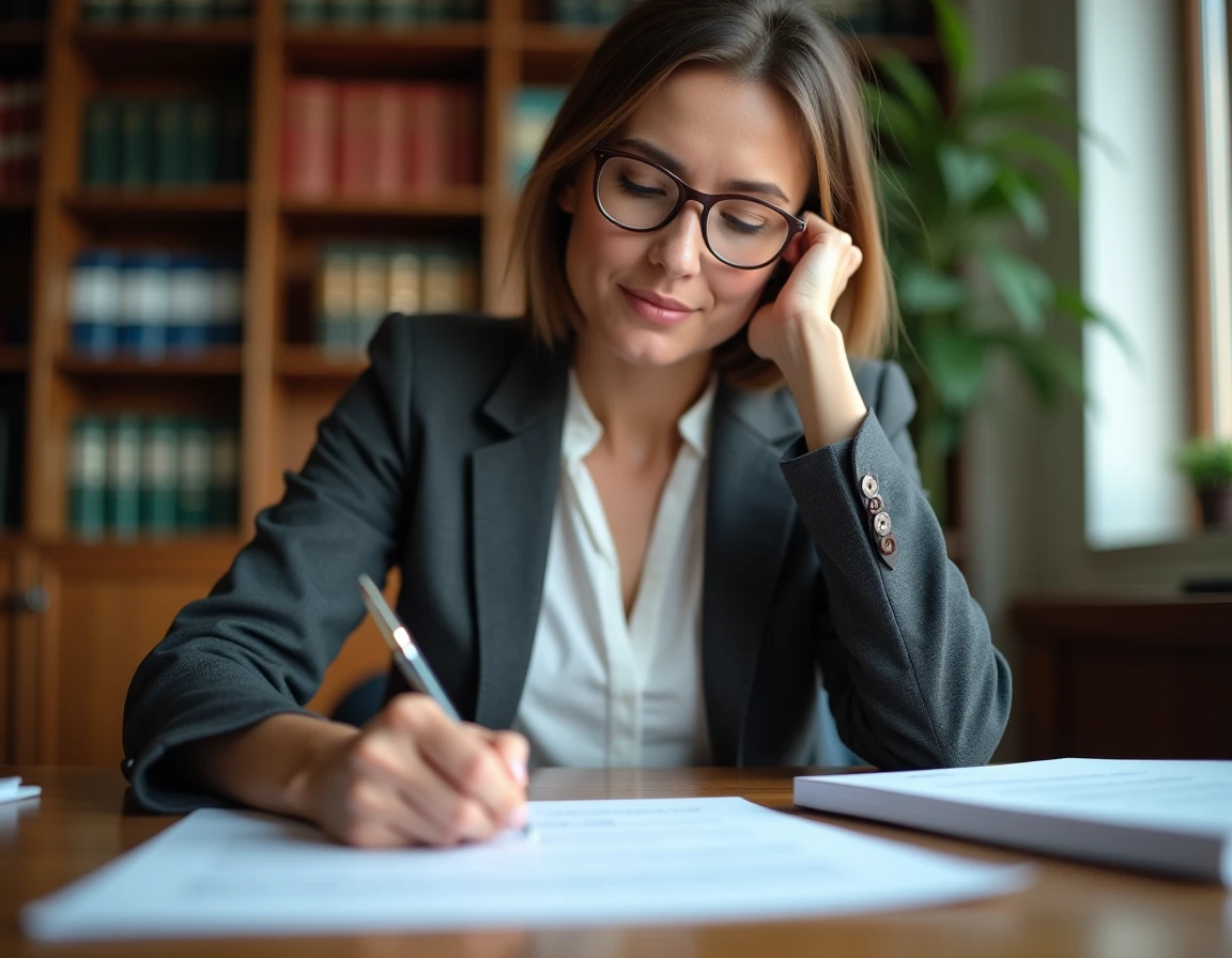 Employée examinant attentivement un formulaire de rupture conventionnelle avant signature dans un bureau calme