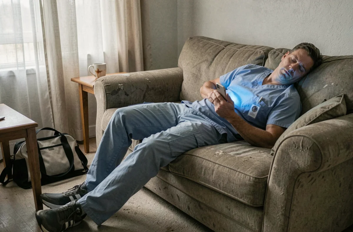 Soignant en uniforme incapable de dormir chez lui après un long poste, erreur de récupération post-garde