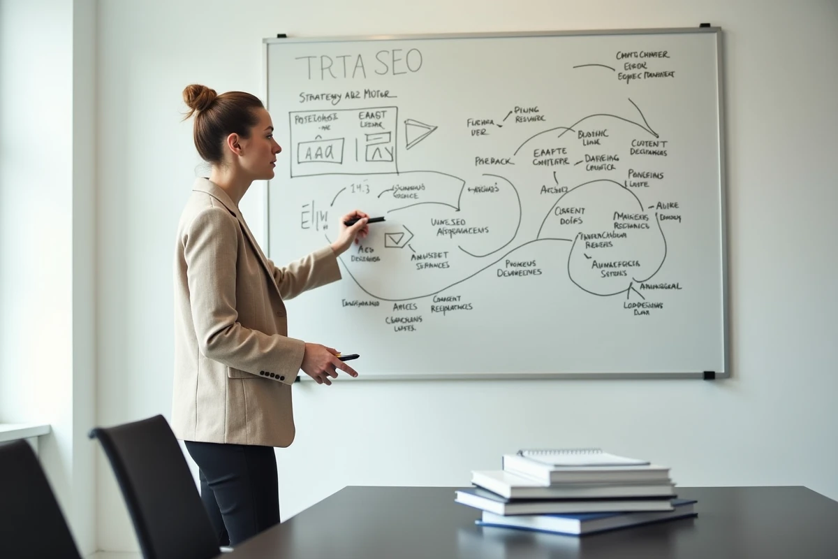 Stratège SEO féminine présentant une carte de stratégie de référencement local devant un tableau blanc dans une salle de réunion d'agence digitale à Rennes