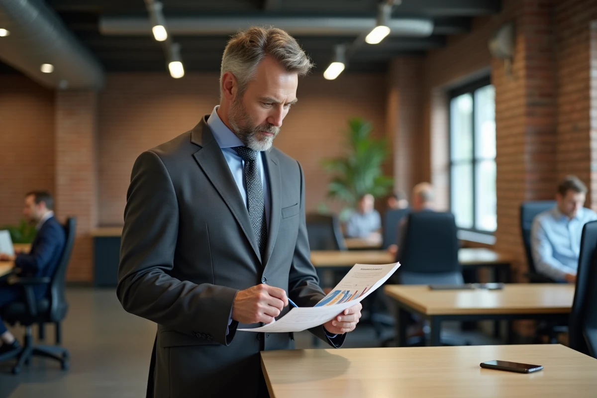 Deux professionnels en discussion autour d'une stratégie de prospection digitale B2B dans un espace de coworking moderne