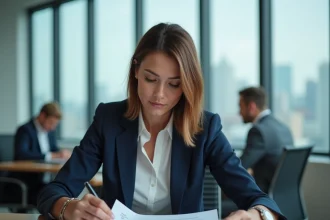 Professionnelle en blazer marine structurant son offre commerciale à son bureau avec des documents imprimés dans un open-space moderne