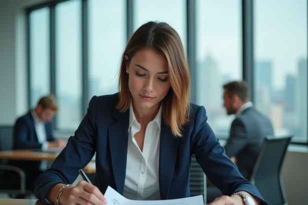 Professionnelle en blazer marine structurant son offre commerciale à son bureau avec des documents imprimés dans un open-space moderne