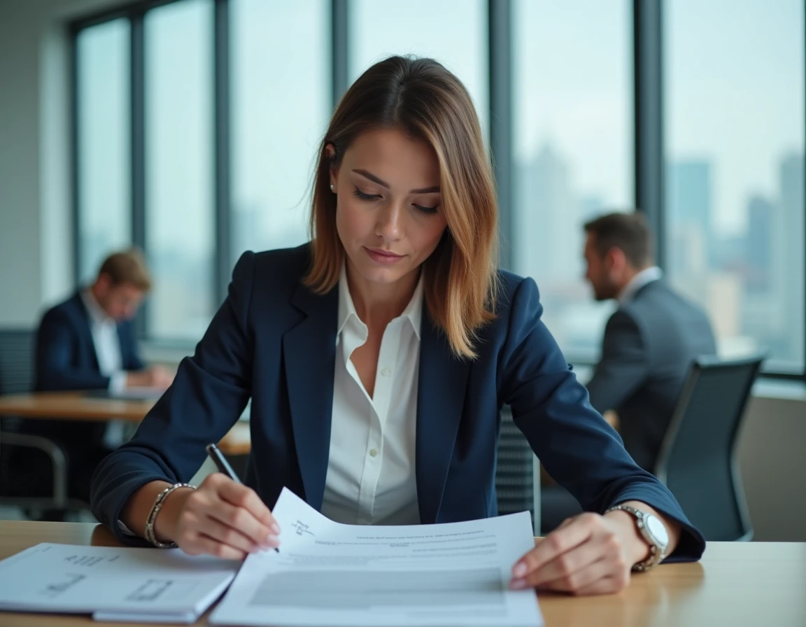 Professionnelle en blazer marine structurant son offre commerciale à son bureau avec des documents imprimés dans un open-space moderne