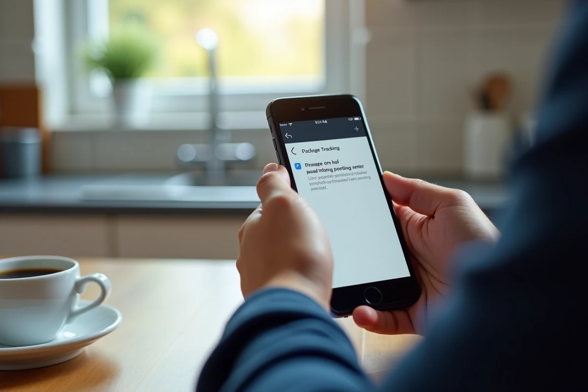 Mains tenant un smartphone affichant le suivi d'un colis Vinted bloqué en centre de tri