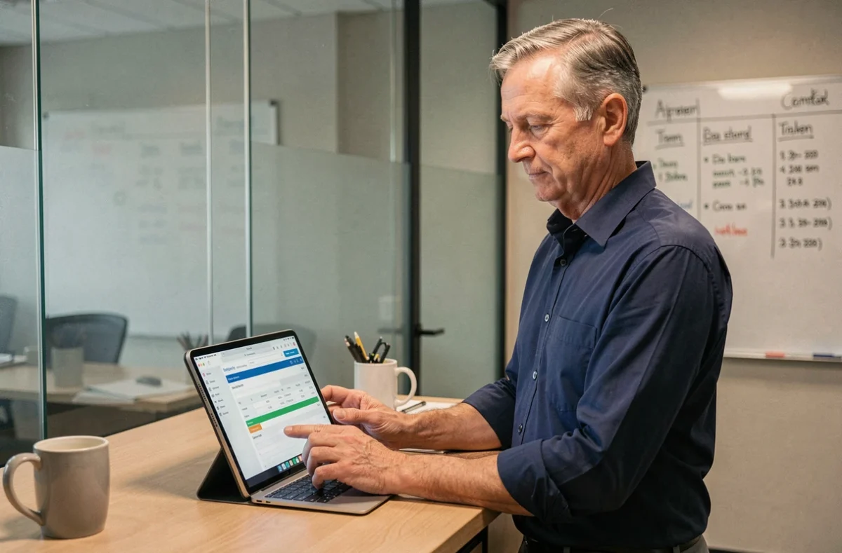 Manager consultant une application de suivi des heures du personnel sur tablette dans un espace de travail semi-ouvert