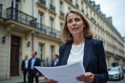 Représentante syndicale tenant un document revendicatif devant un bâtiment administratif français, illustrant les demandes d'augmentation salariale des fonctionnaires pour 2026