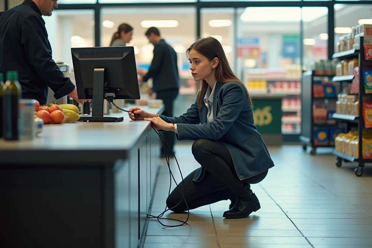 Technicien informatique connectant un câble sous le comptoir
