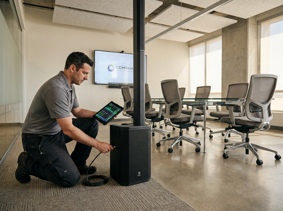 Technicien audio installant un système de sonorisation professionnel dans une salle de conférence d'entreprise moderne