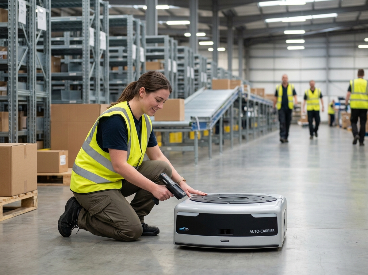 Technicien vérifiant robot de livraison en intérieur