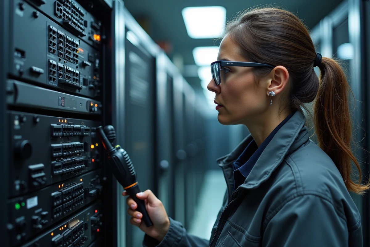 Technicienne en télécommunications inspectant un système radio professionnel monté en rack dans une salle technique spécialisée