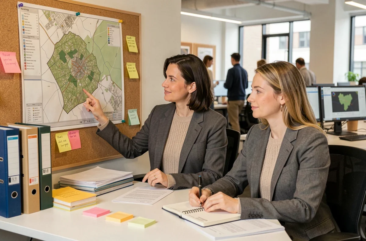 Deux urbanistes analysant une carte de développement territorial dans un bureau moderne pour un projet de planification