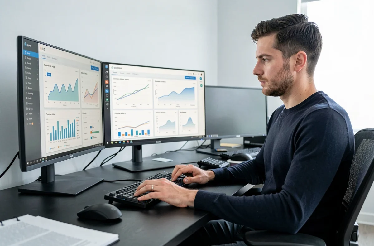 Analyste de l'agence Useful travaillant sur des tableaux de bord de performance digitale