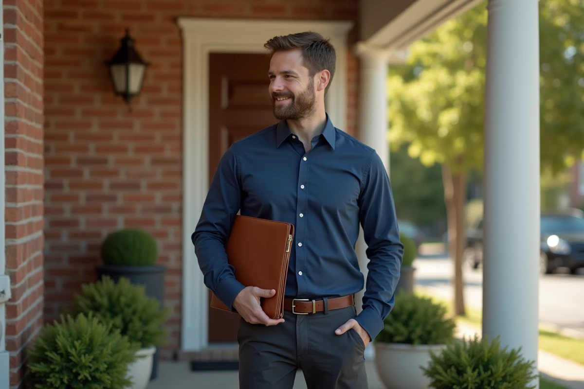 Vendeur porte à porte en chemise bleue présentant son argumentaire devant une porte d'entrée résidentielle