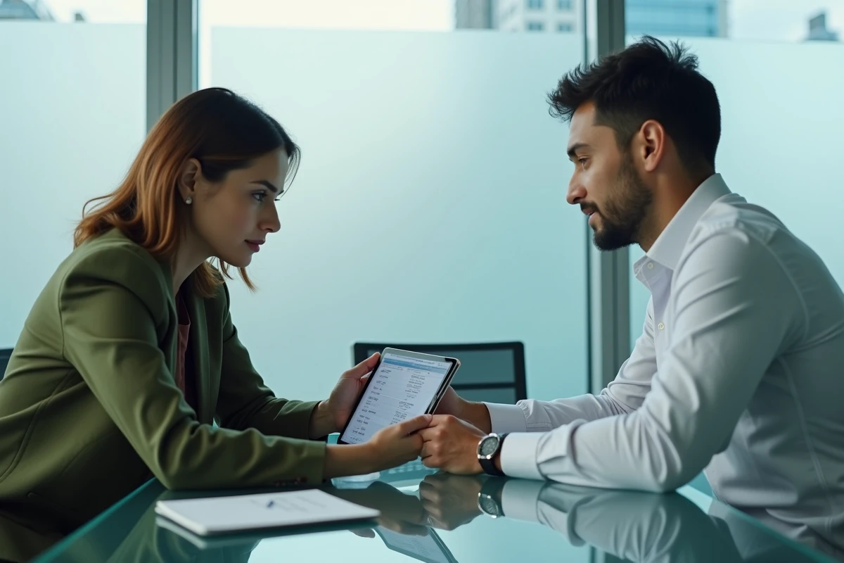 Deux freelances ou associés vérifiant ensemble les informations légales d'un client potentiel sur une tablette en salle de réunion