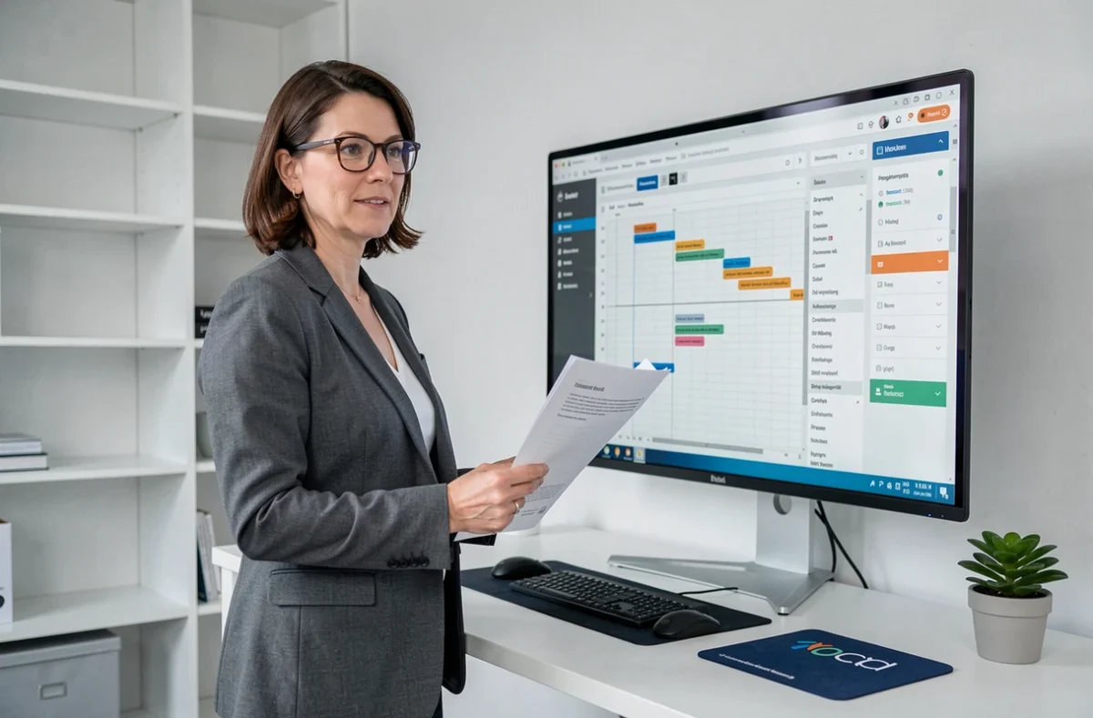 Chef de projet digital de l'agence Webplus supervisant un tableau de bord de gestion de projet dans un bureau épuré et professionnel